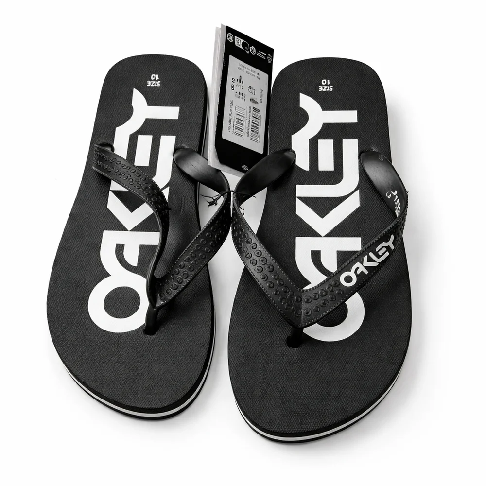 Oakley College Flip Flops Men's Size 10 Black White Logo Sandals NWT